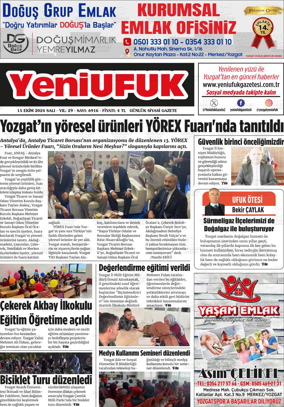 15 Ekim 2024 Yozgat Yeni Ufuk Gazete Manşeti