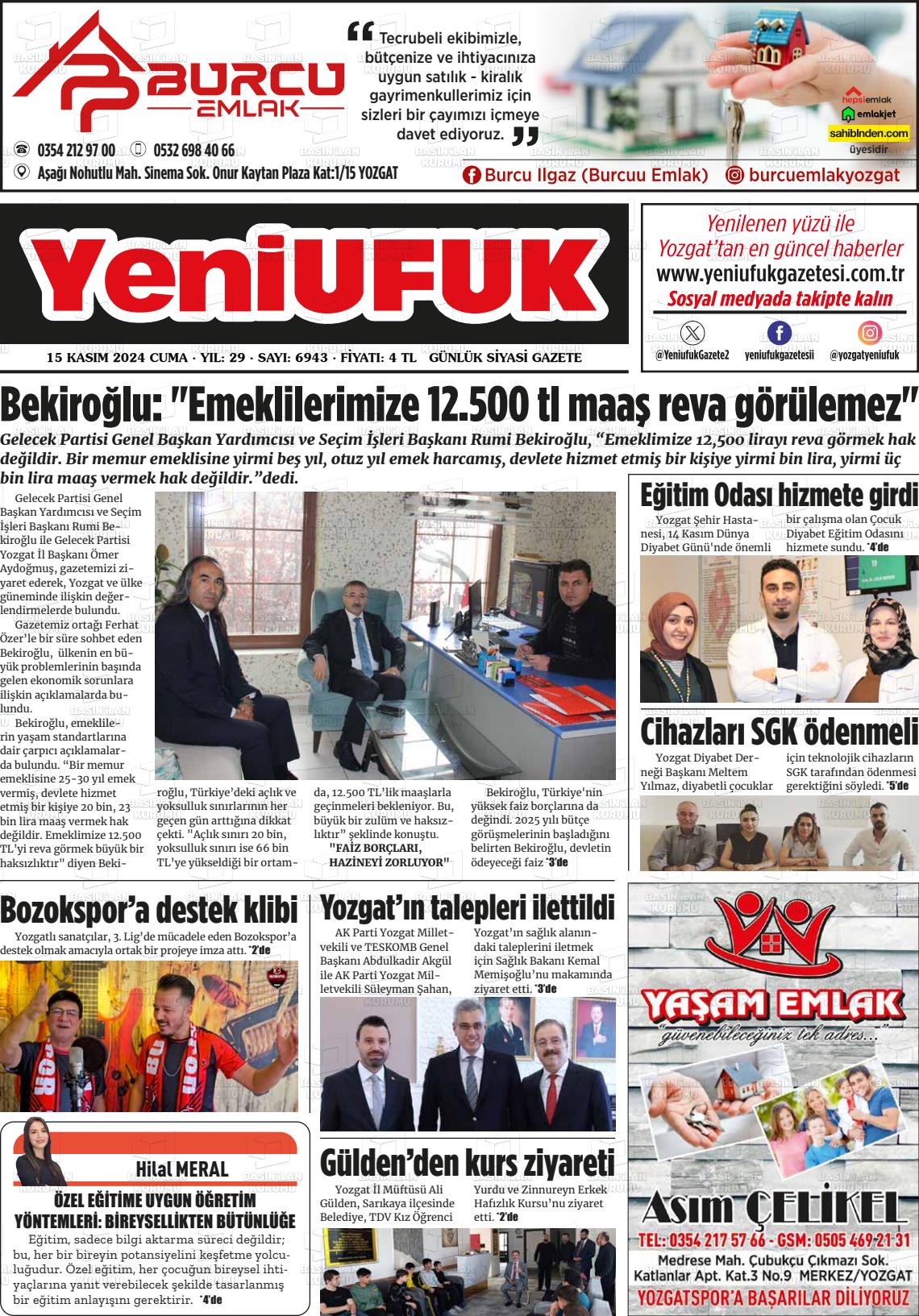 15 Kasım 2024 Yozgat Yeni Ufuk Gazete Manşeti