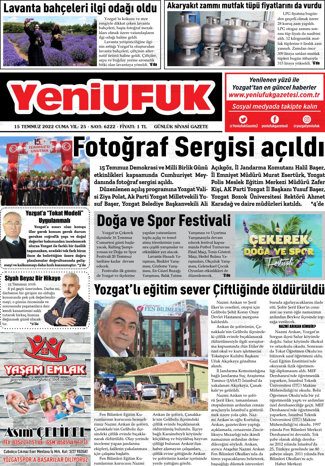 15 Temmuz 2022 Yozgat Yeni Ufuk Gazete Manşeti