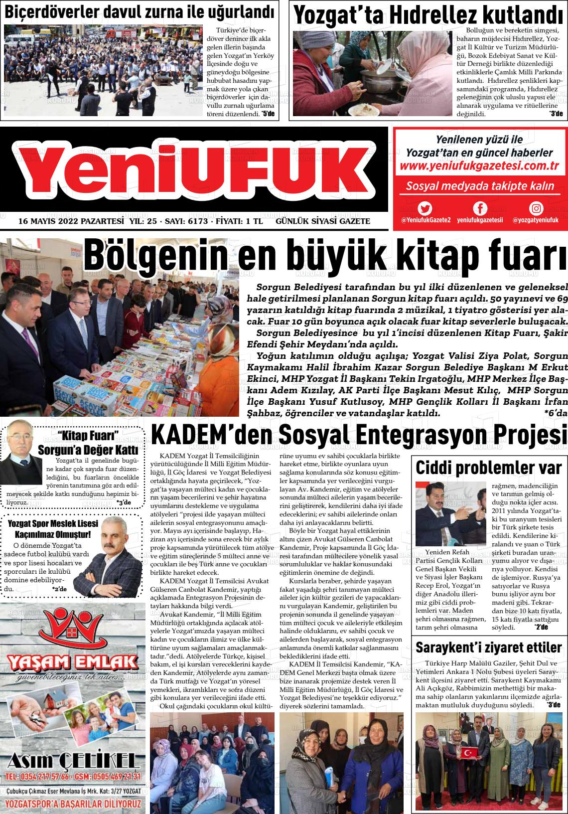 16 Mayıs 2022 Yozgat Yeni Ufuk Gazete Manşeti