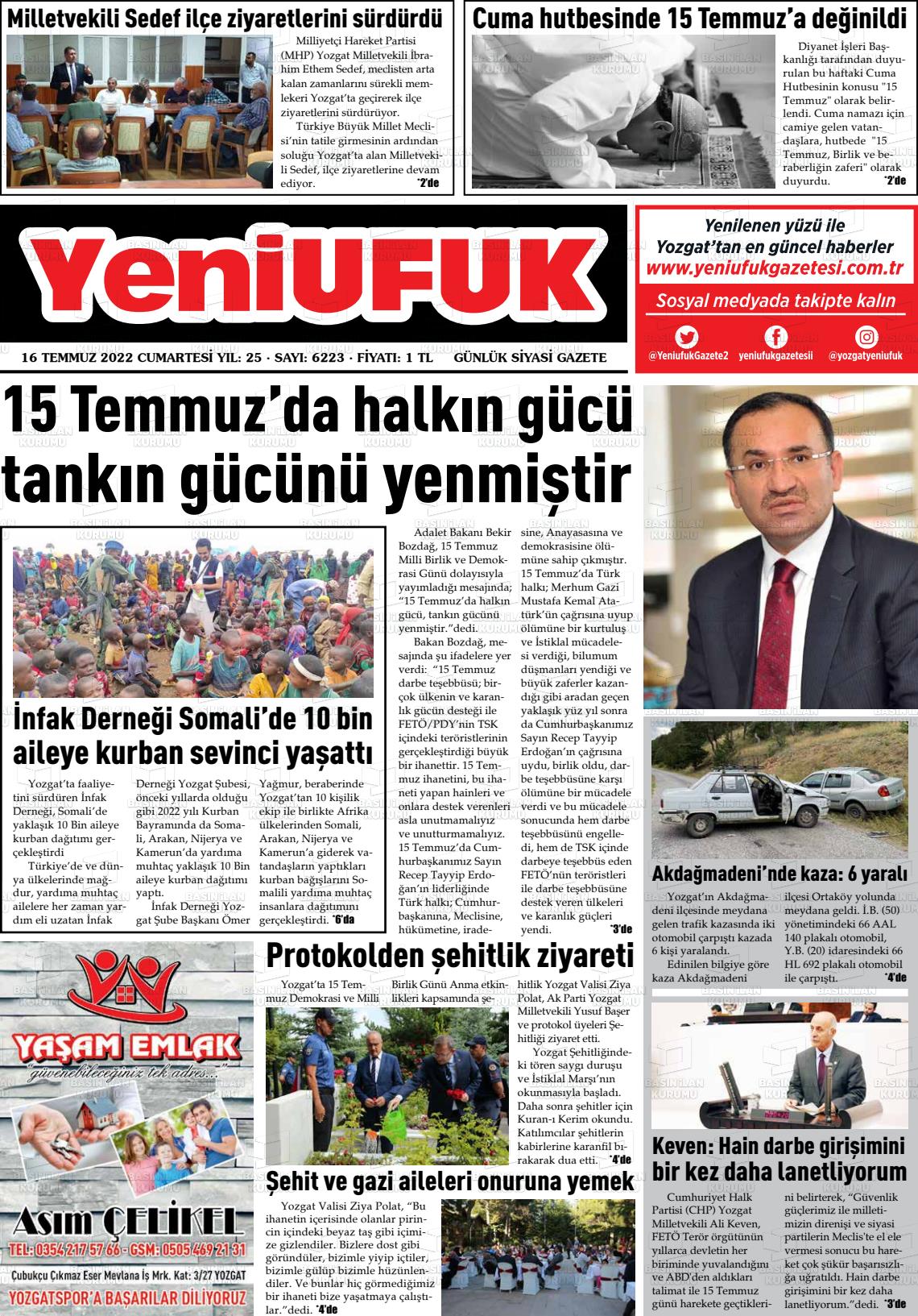 16 Temmuz 2022 Yozgat Yeni Ufuk Gazete Manşeti