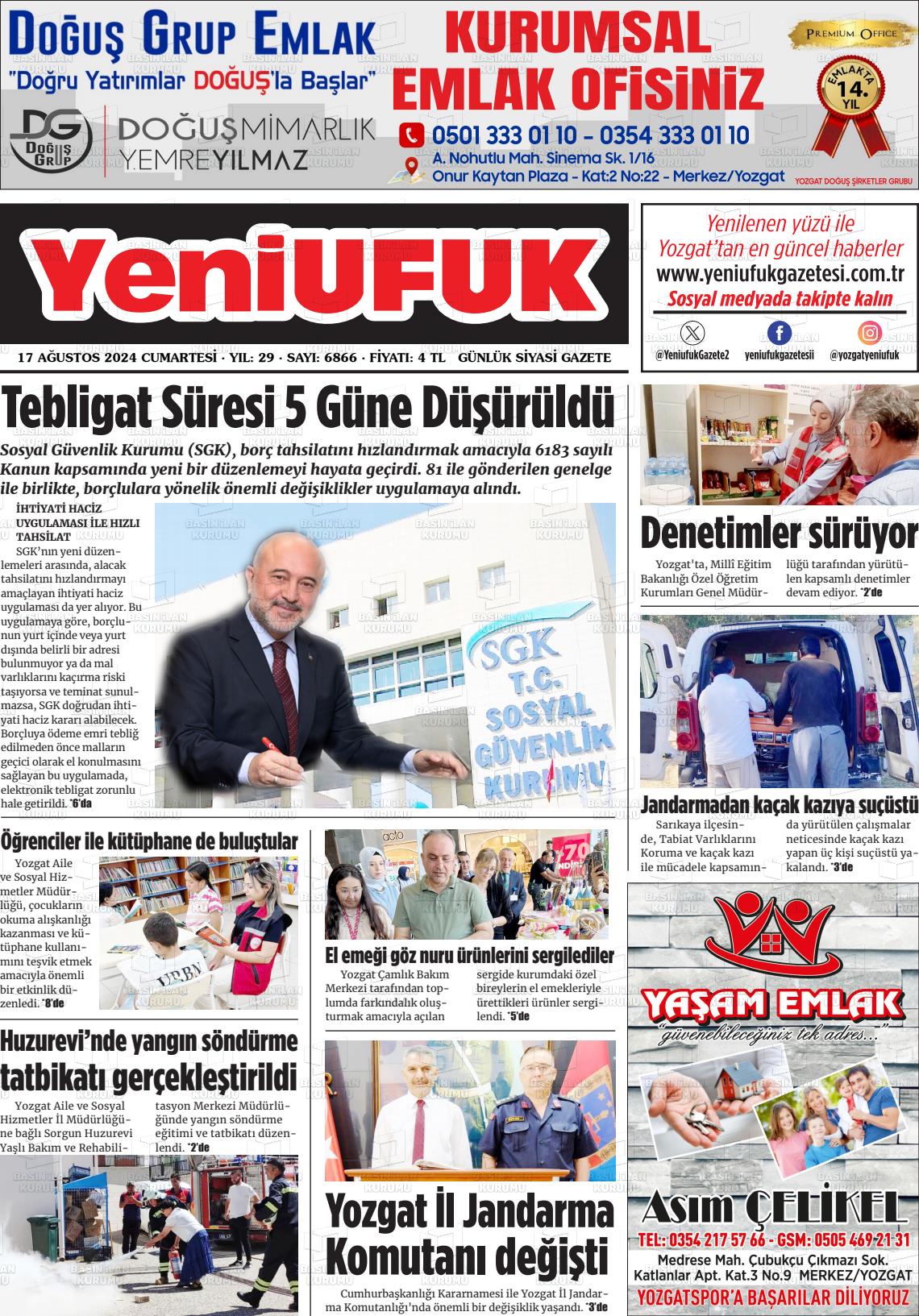 17 Ağustos 2024 Yozgat Yeni Ufuk Gazete Manşeti