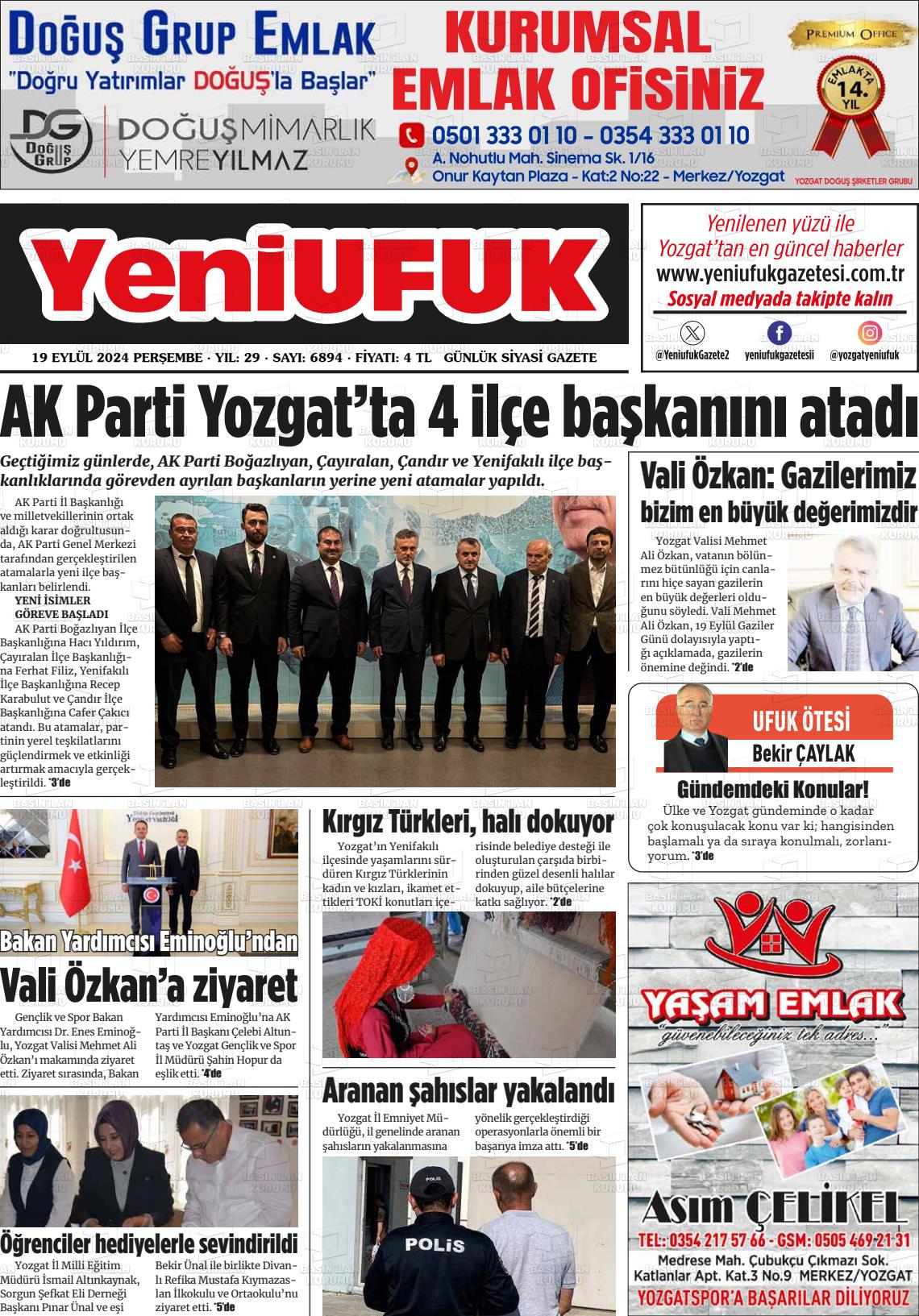 19 Eylül 2024 Yozgat Yeni Ufuk Gazete Manşeti