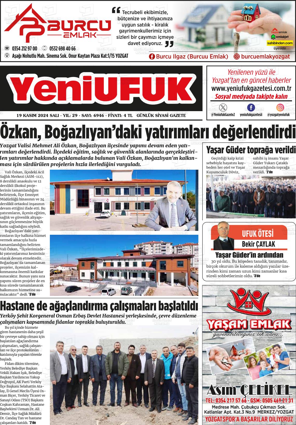 19 Kasım 2024 Yozgat Yeni Ufuk Gazete Manşeti