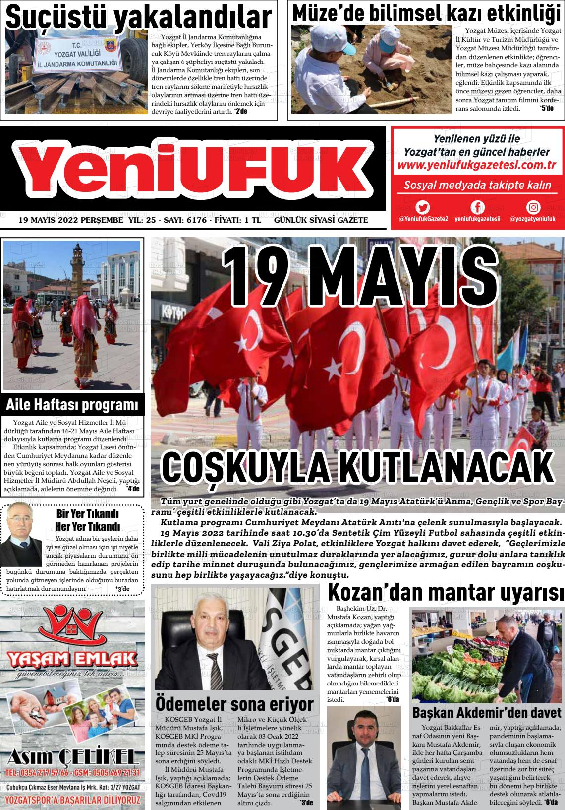 19 Mayıs 2022 Yozgat Yeni Ufuk Gazete Manşeti