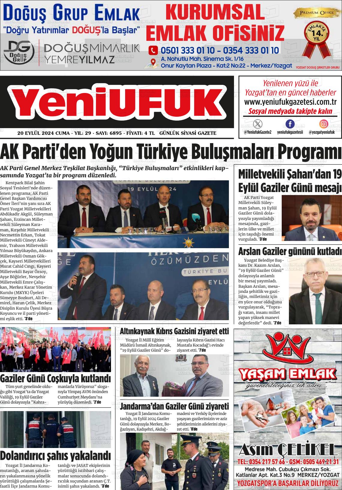 20 Eylül 2024 Yozgat Yeni Ufuk Gazete Manşeti