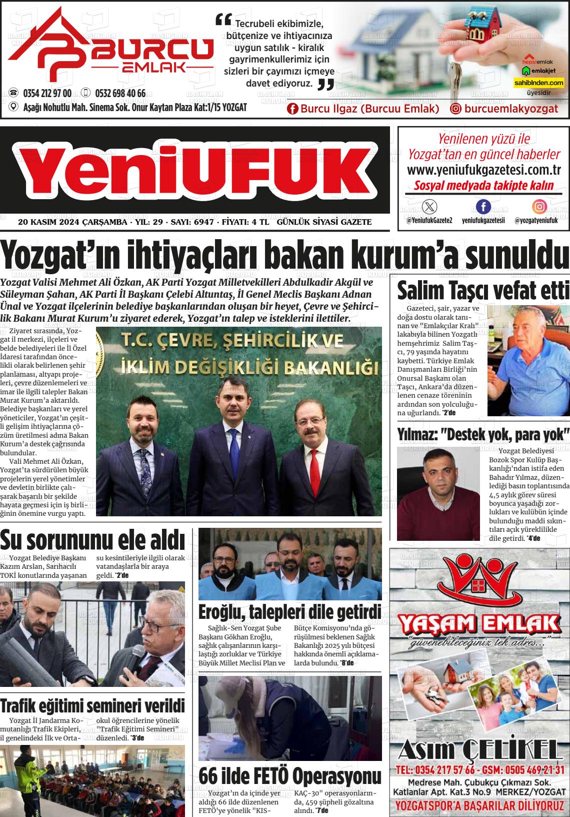 20 Kasım 2024 Yozgat Yeni Ufuk Gazete Manşeti