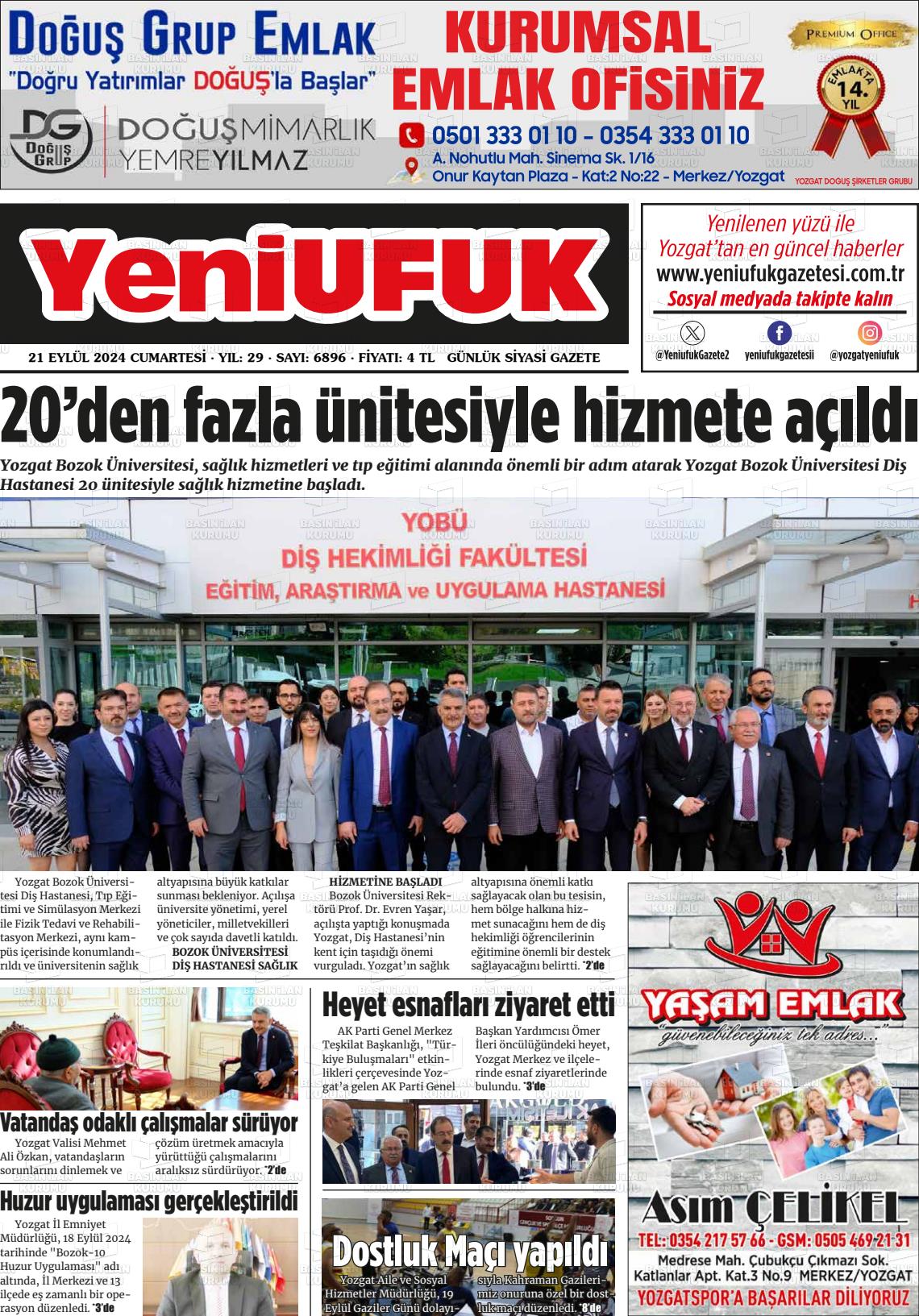 21 Eylül 2024 Yozgat Yeni Ufuk Gazete Manşeti