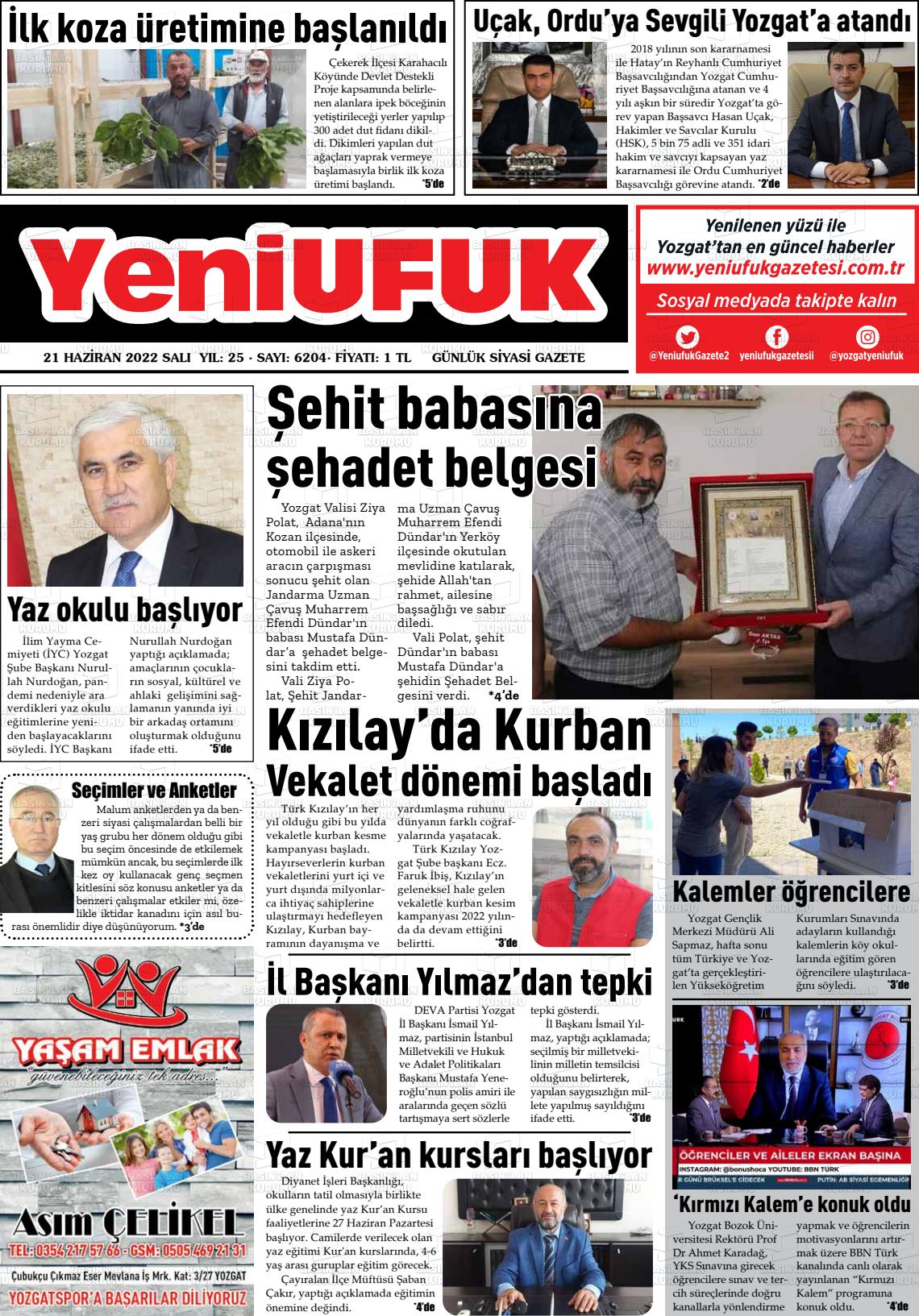 21 Haziran 2022 Yozgat Yeni Ufuk Gazete Manşeti