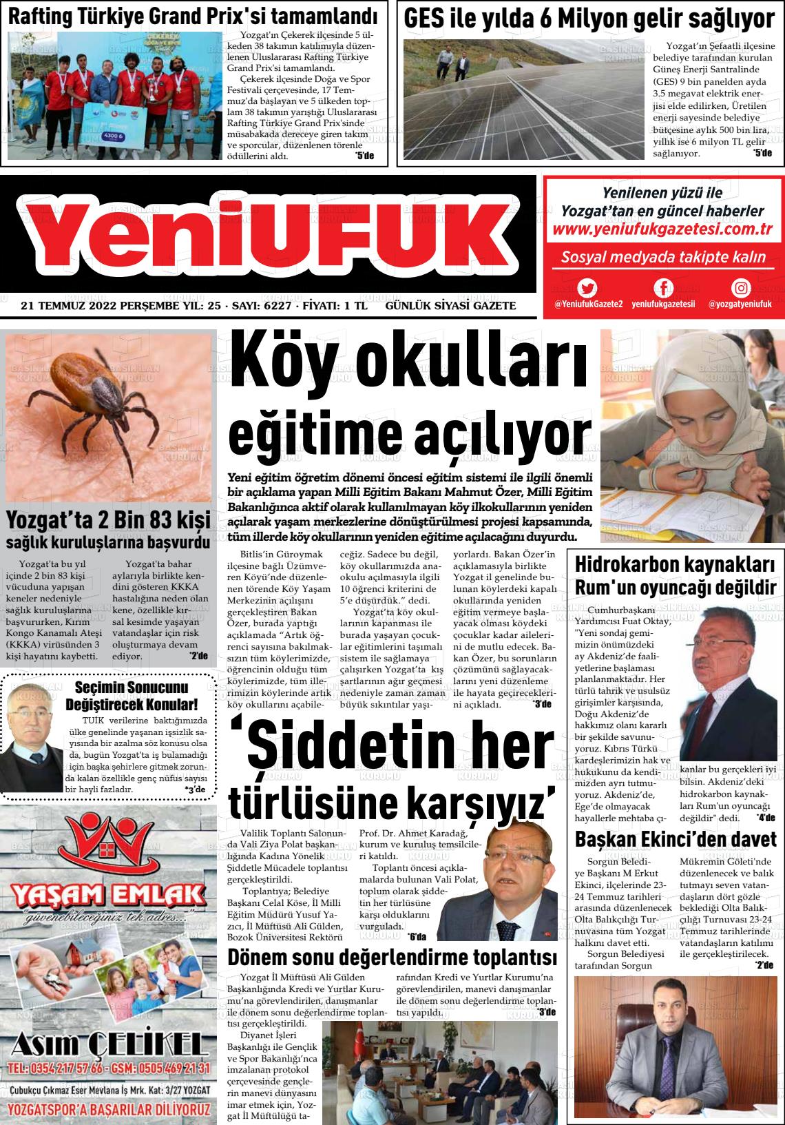 21 Temmuz 2022 Yozgat Yeni Ufuk Gazete Manşeti