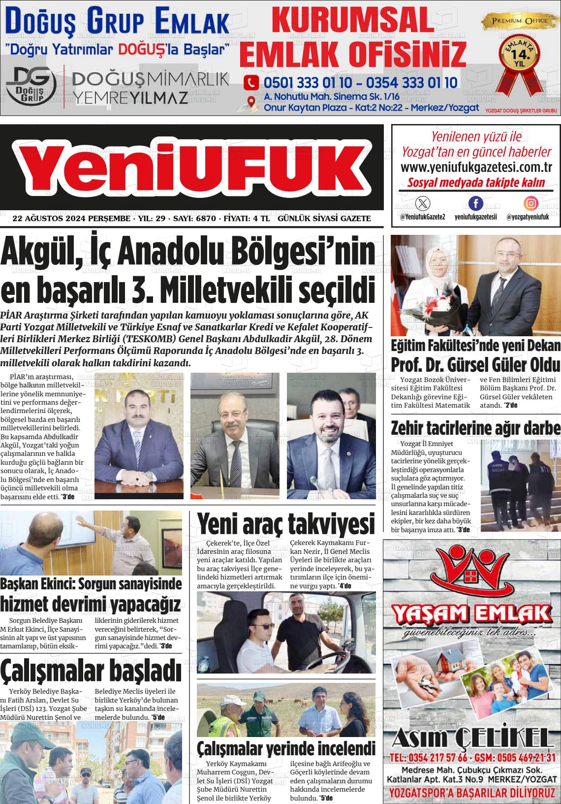 22 Ağustos 2024 Yozgat Yeni Ufuk Gazete Manşeti