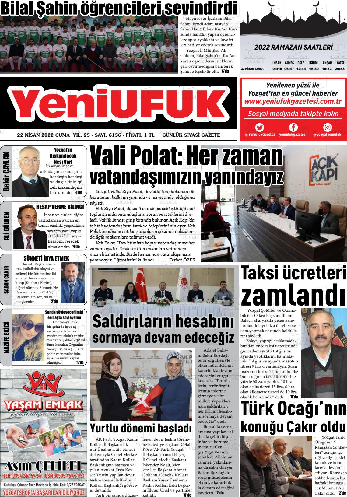 22 Nisan 2022 Yozgat Yeni Ufuk Gazete Manşeti