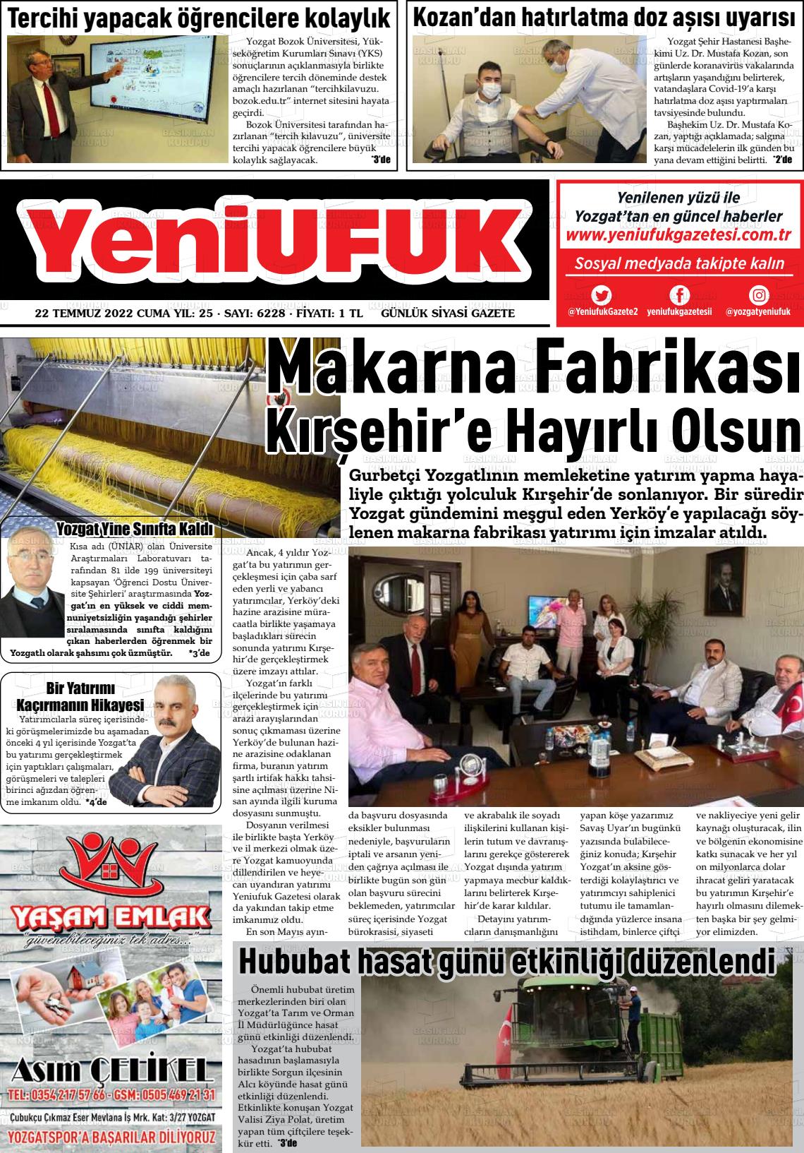 22 Temmuz 2022 Yozgat Yeni Ufuk Gazete Manşeti