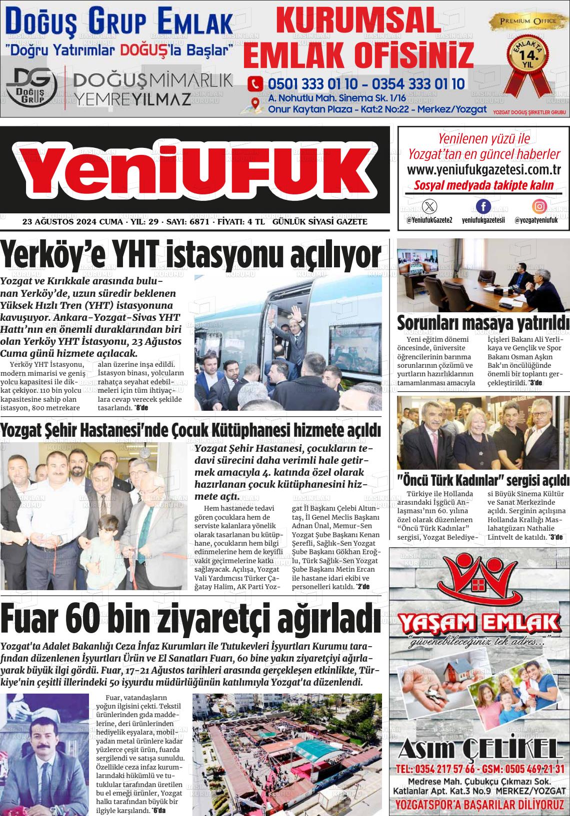 23 Ağustos 2024 Yozgat Yeni Ufuk Gazete Manşeti