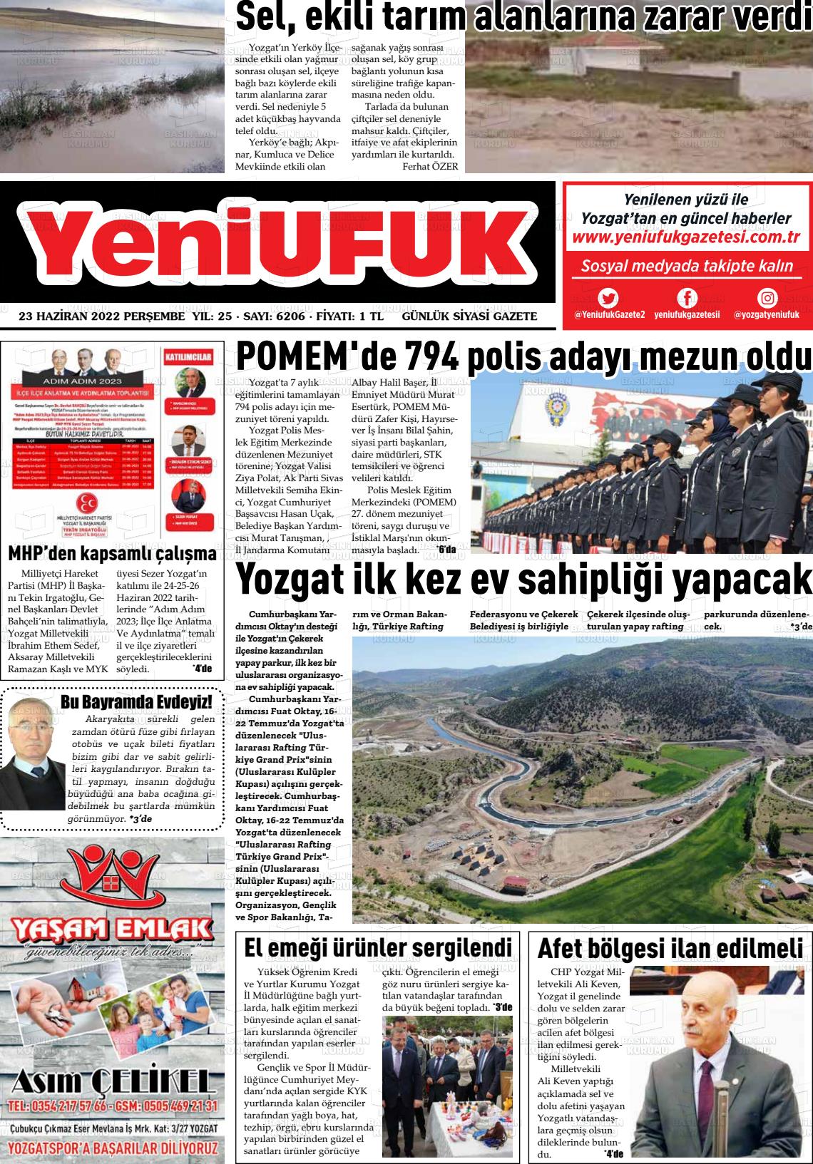 23 Haziran 2022 Yozgat Yeni Ufuk Gazete Manşeti