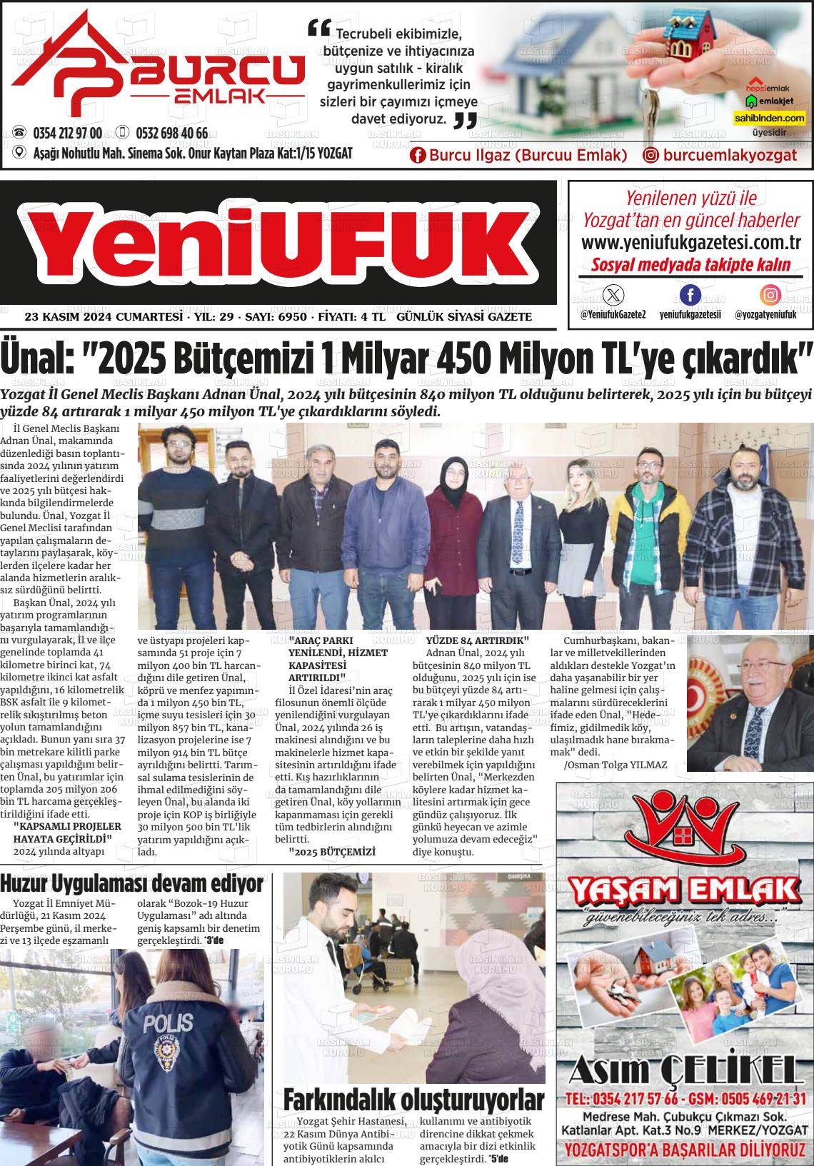 23 Kasım 2024 Yozgat Yeni Ufuk Gazete Manşeti