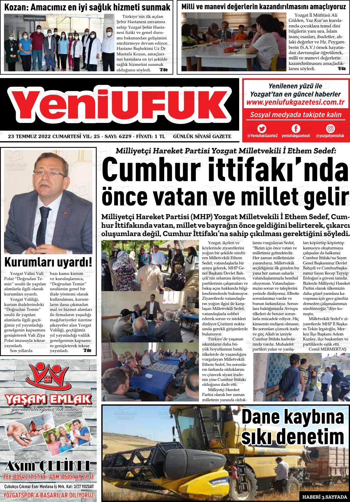 23 Temmuz 2022 Yozgat Yeni Ufuk Gazete Manşeti