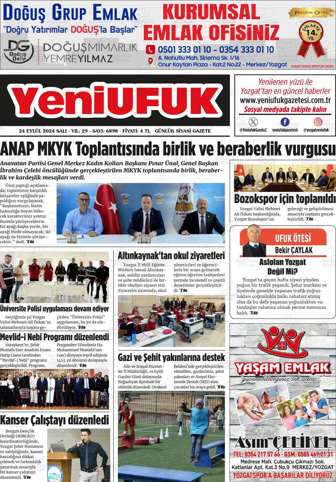 24 Eylül 2024 Yozgat Yeni Ufuk Gazete Manşeti