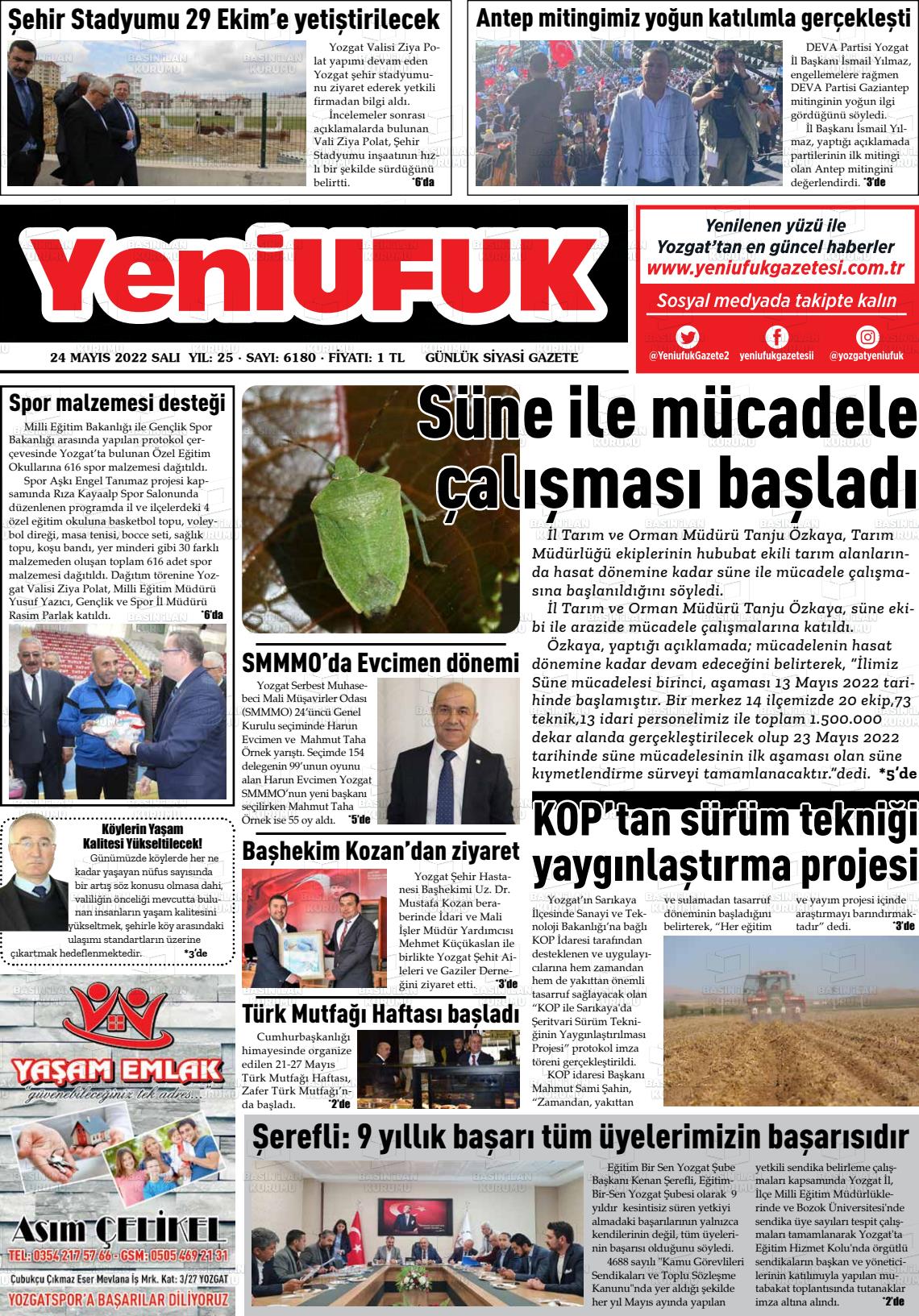 24 Mayıs 2022 Yozgat Yeni Ufuk Gazete Manşeti