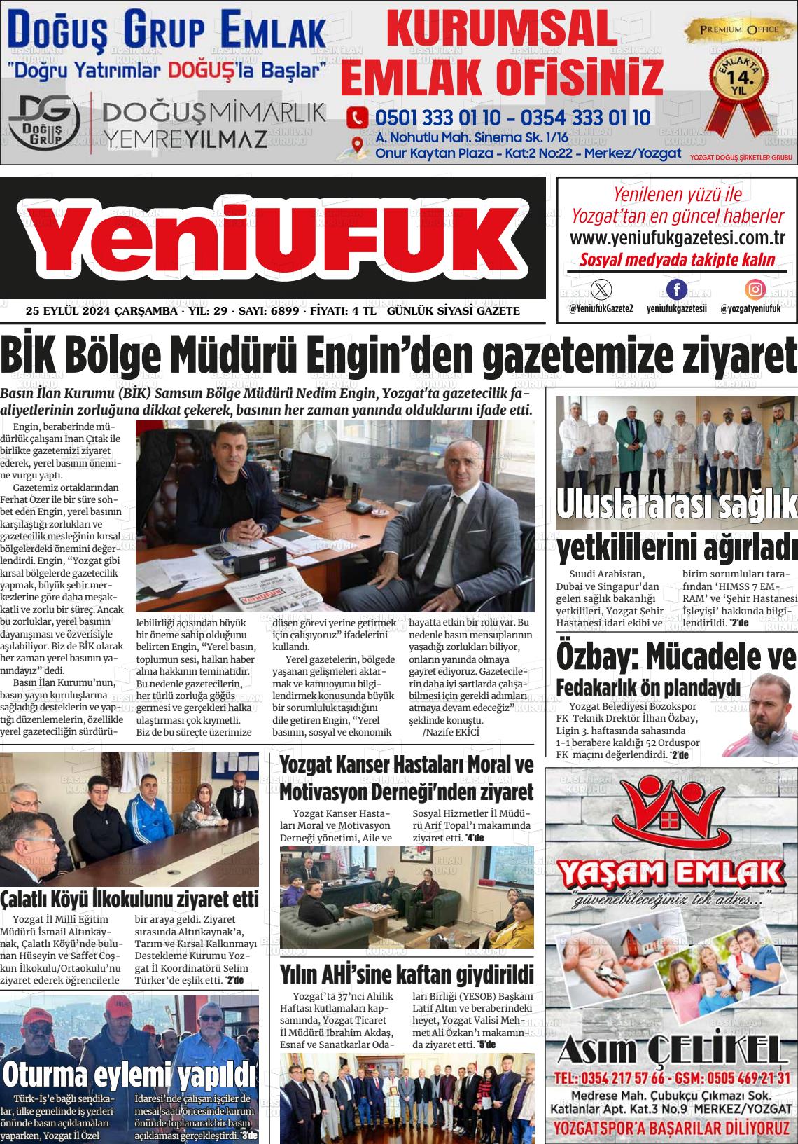 25 Eylül 2024 Yozgat Yeni Ufuk Gazete Manşeti