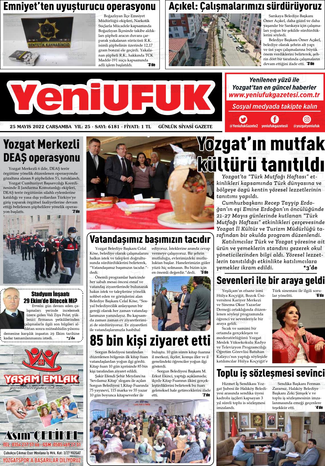 25 Mayıs 2022 Yozgat Yeni Ufuk Gazete Manşeti