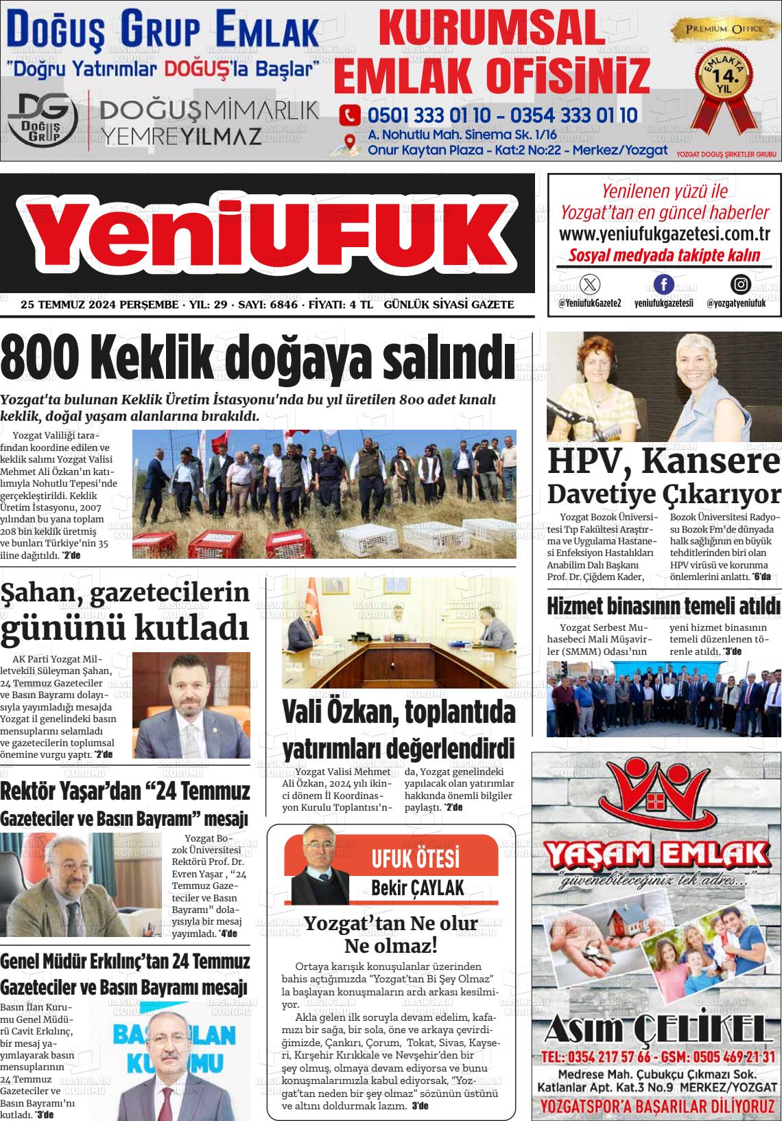 25 Temmuz 2024 Yozgat Yeni Ufuk Gazete Manşeti