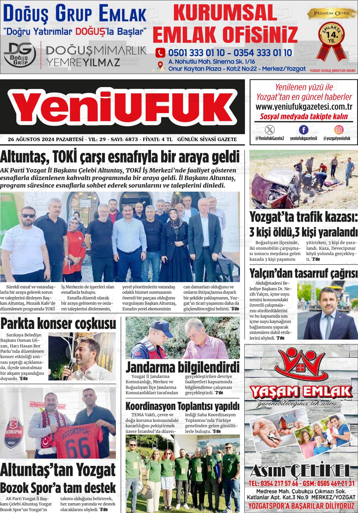 26 Ağustos 2024 Yozgat Yeni Ufuk Gazete Manşeti