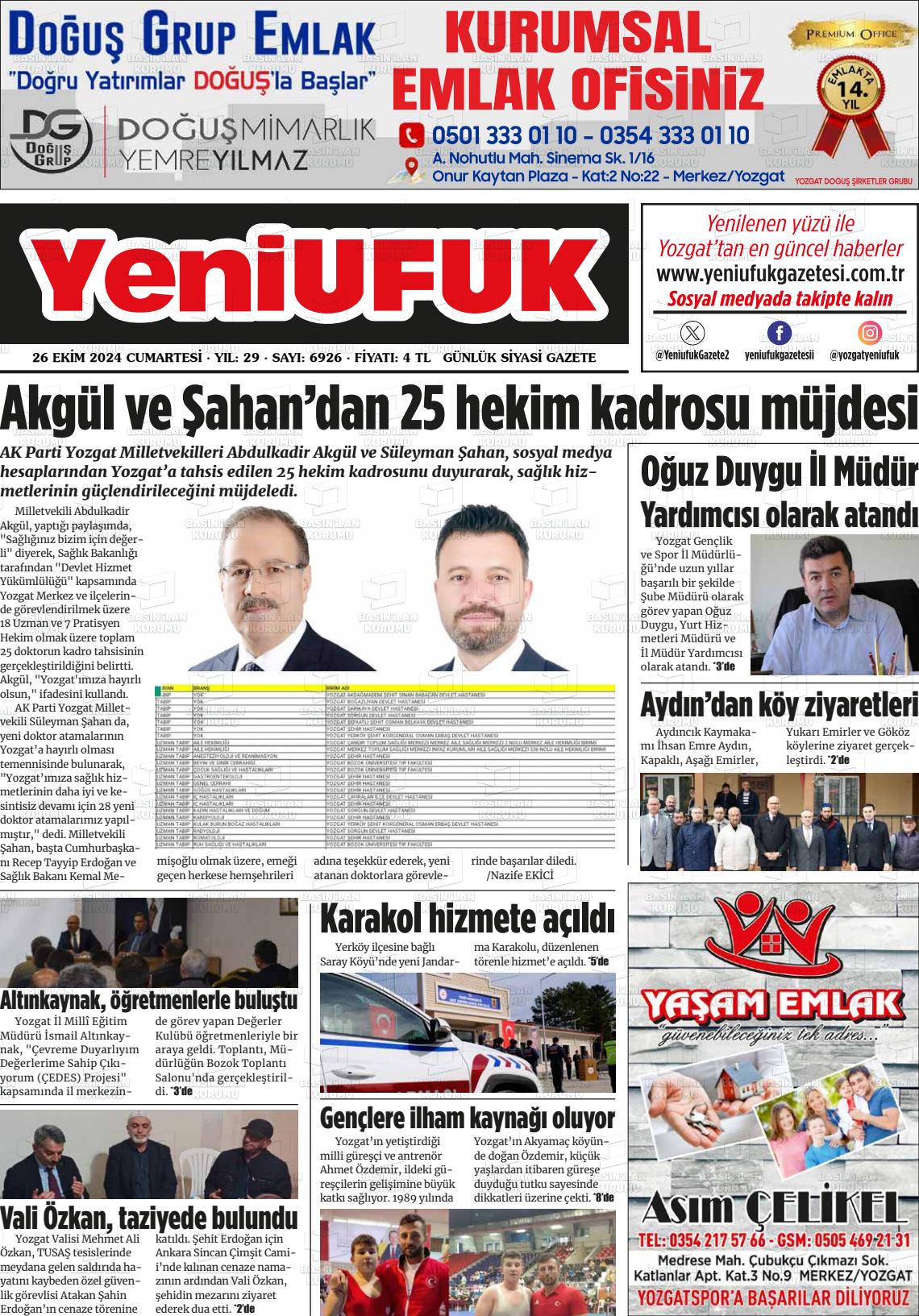 26 Ekim 2024 Yozgat Yeni Ufuk Gazete Manşeti