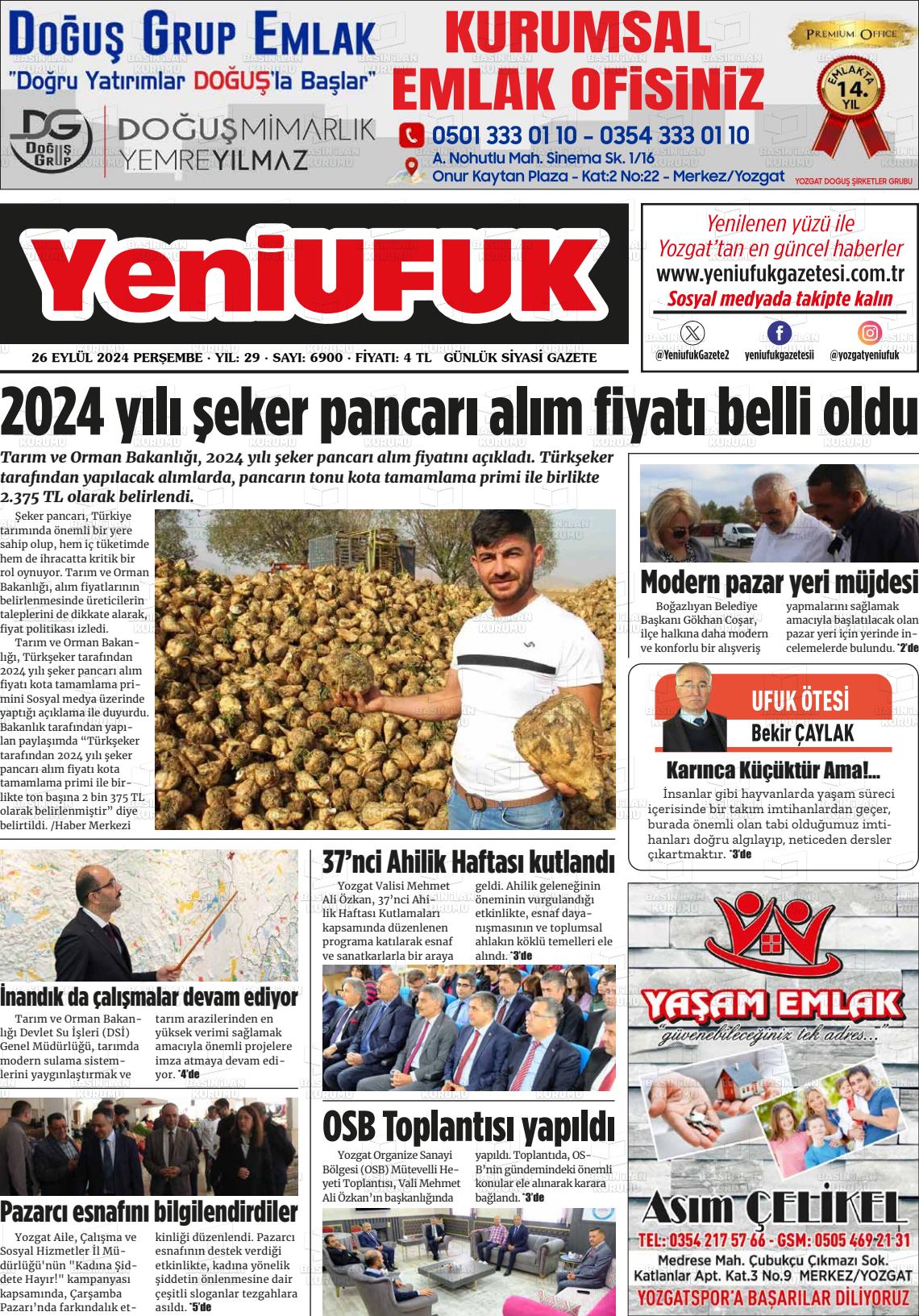 26 Eylül 2024 Yozgat Yeni Ufuk Gazete Manşeti