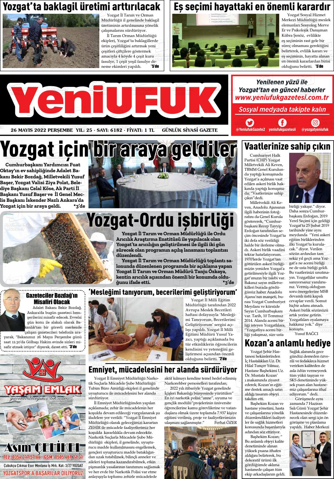 26 Mayıs 2022 Yozgat Yeni Ufuk Gazete Manşeti