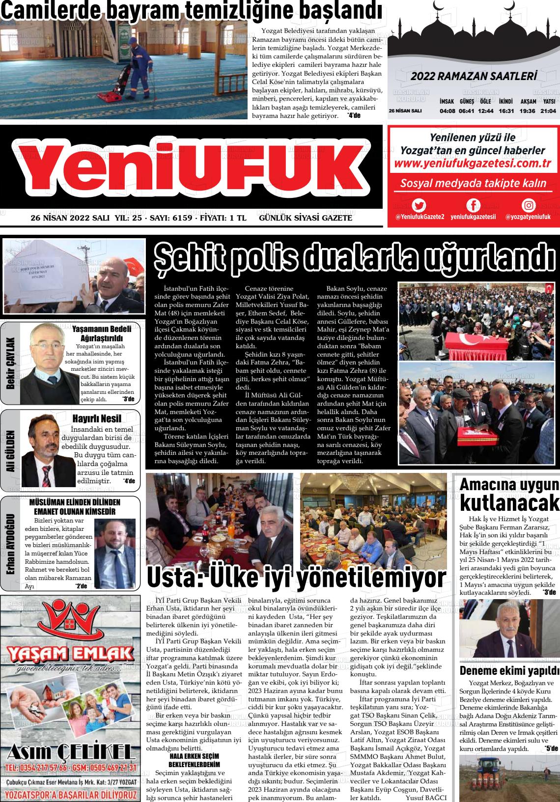 26 Nisan 2022 Yozgat Yeni Ufuk Gazete Manşeti