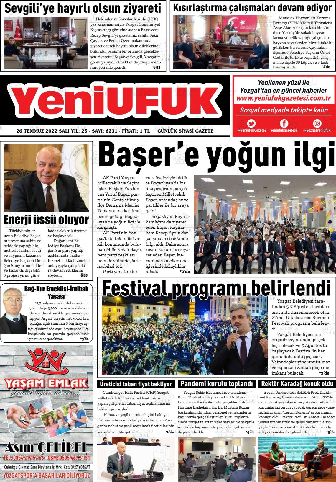 26 Temmuz 2022 Yozgat Yeni Ufuk Gazete Manşeti