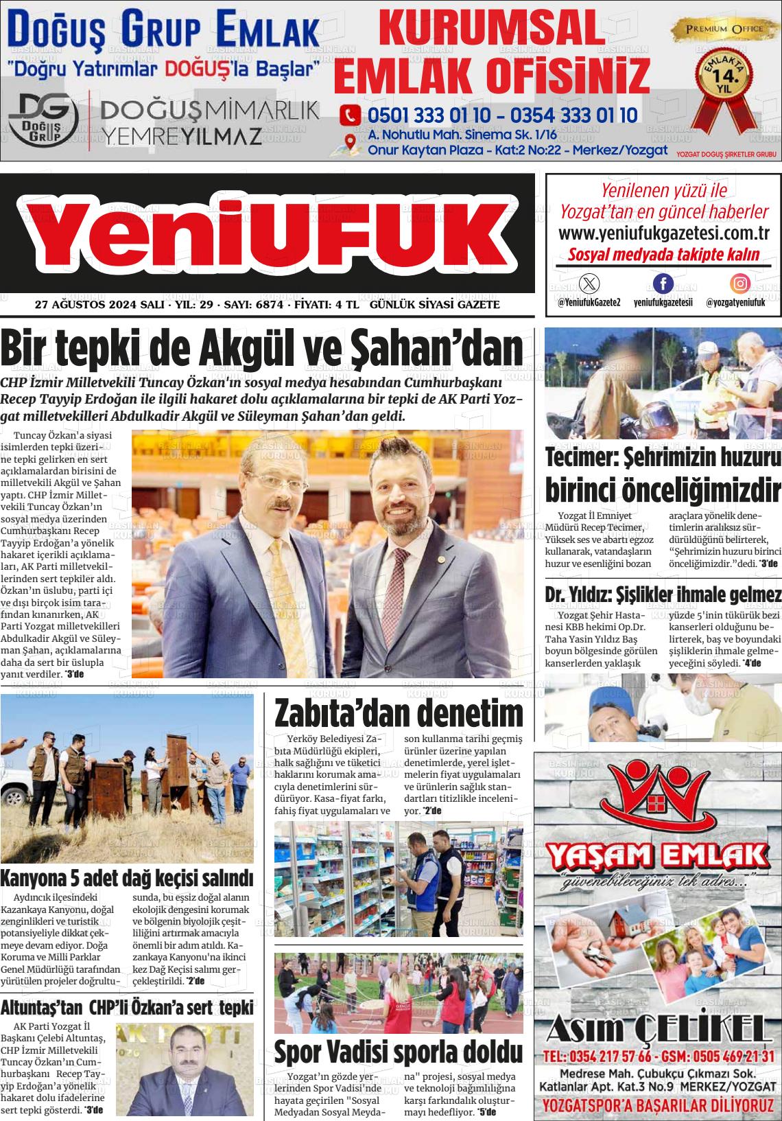 27 Ağustos 2024 Yozgat Yeni Ufuk Gazete Manşeti