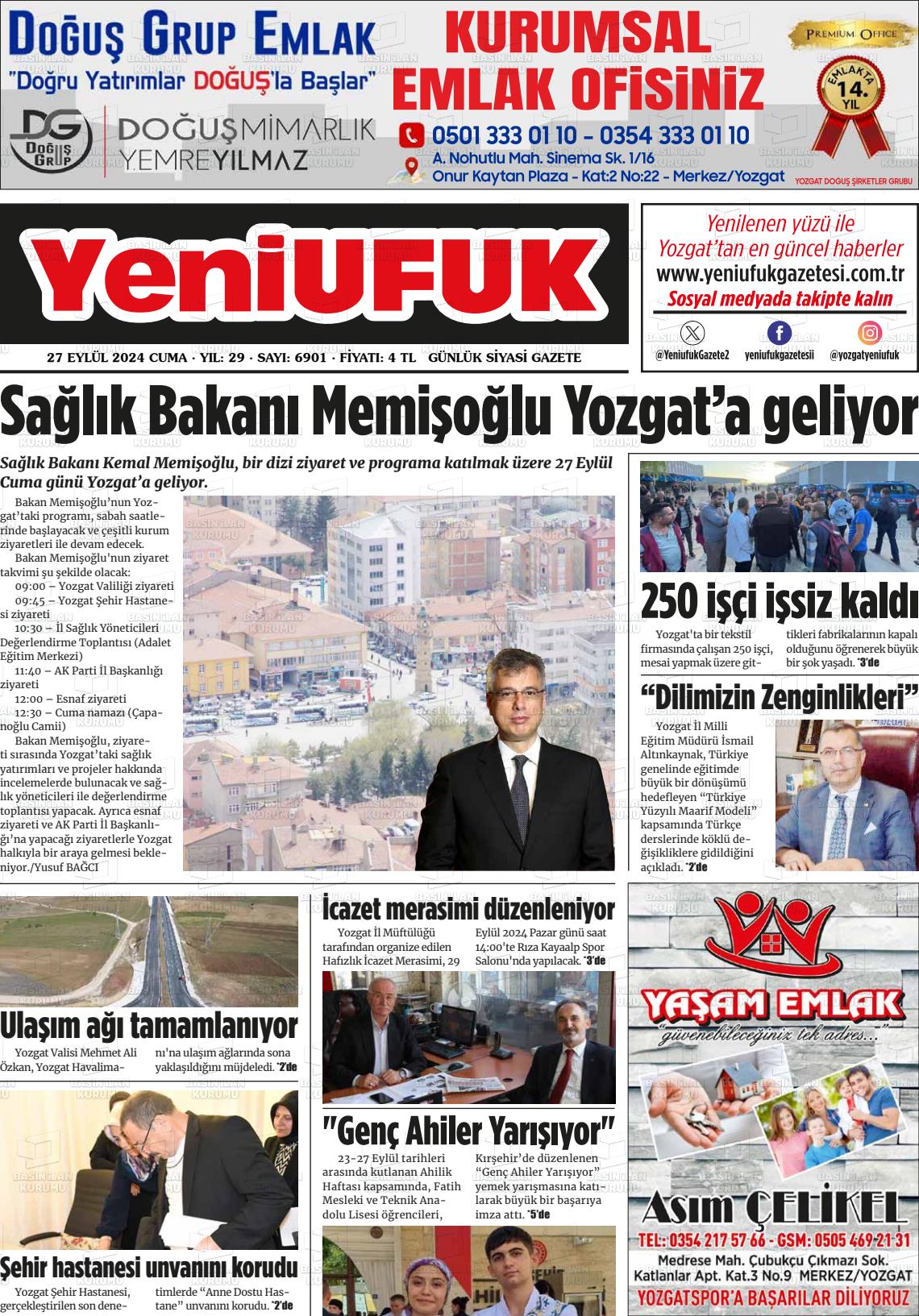 27 Eylül 2024 Yozgat Yeni Ufuk Gazete Manşeti