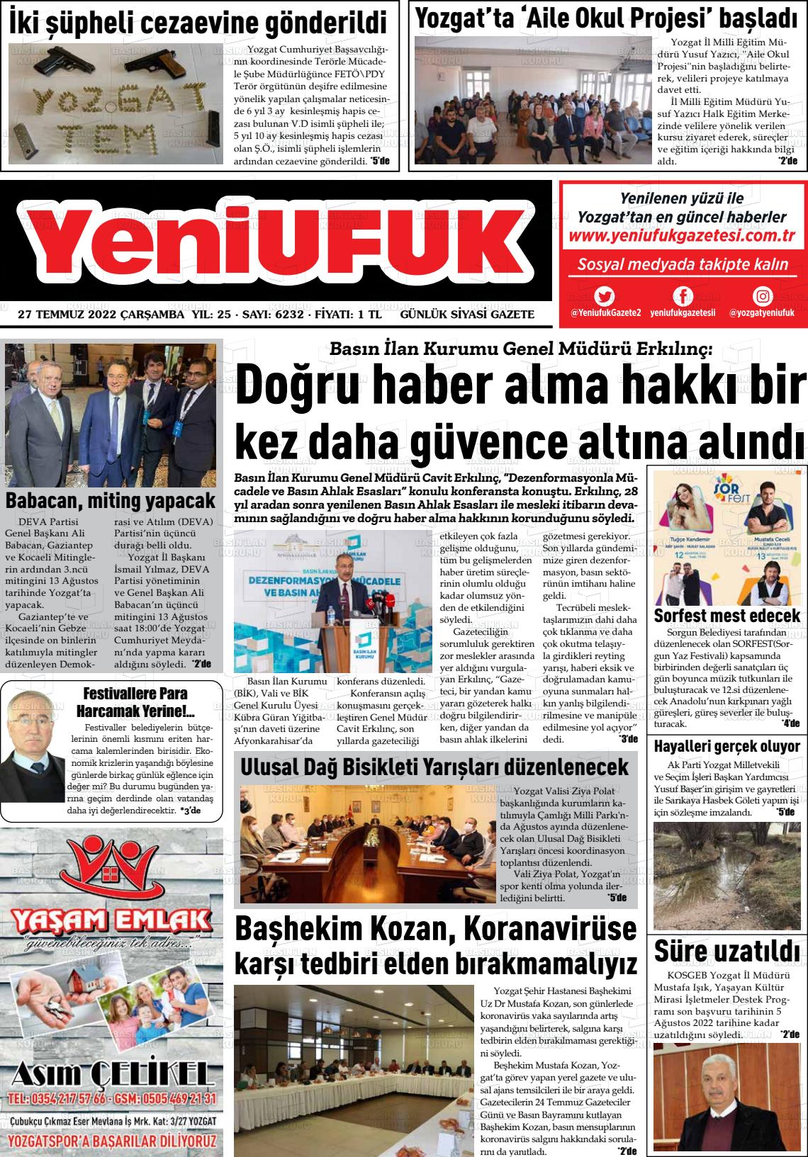 27 Temmuz 2022 Yozgat Yeni Ufuk Gazete Manşeti