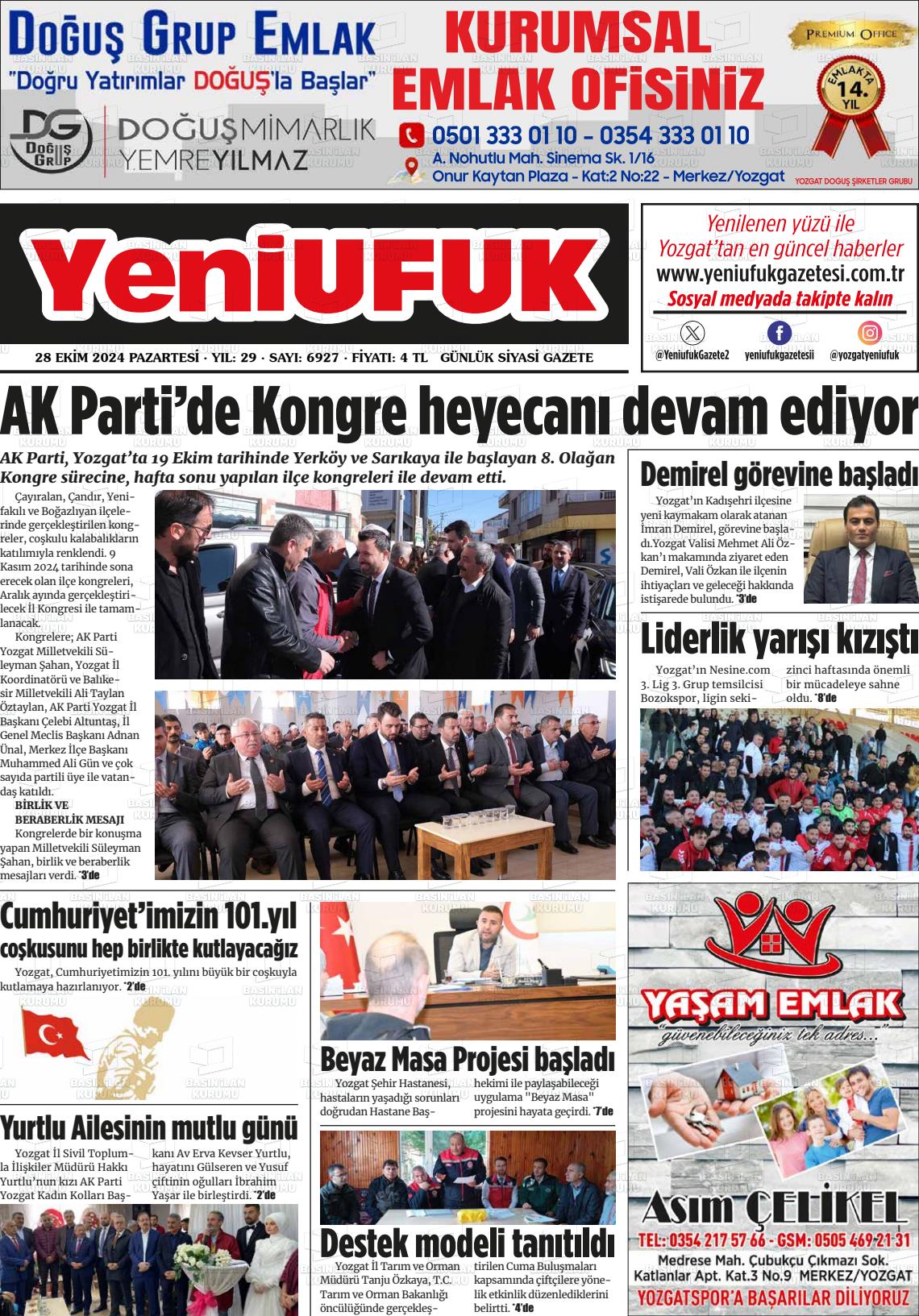 28 Ekim 2024 Yozgat Yeni Ufuk Gazete Manşeti