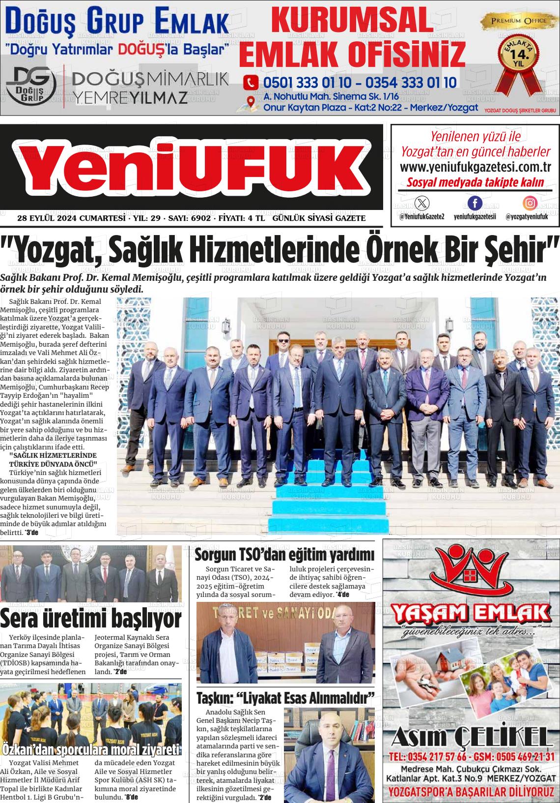 28 Eylül 2024 Yozgat Yeni Ufuk Gazete Manşeti