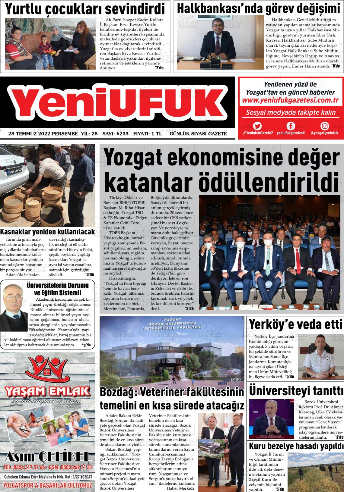 28 Temmuz 2022 Yozgat Yeni Ufuk Gazete Manşeti