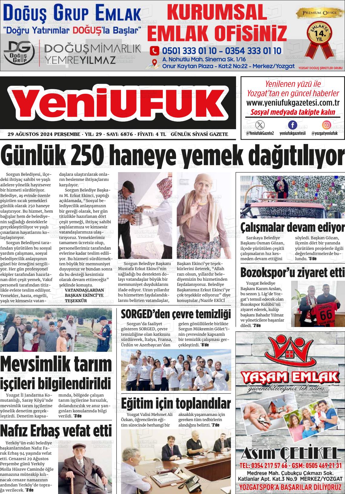 29 Ağustos 2024 Yozgat Yeni Ufuk Gazete Manşeti