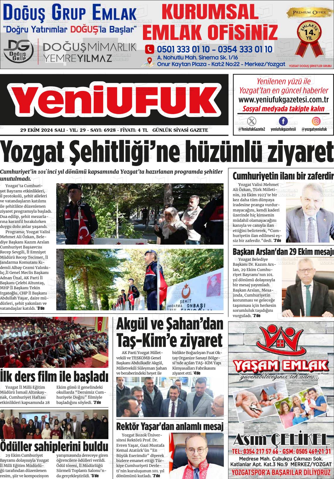 29 Ekim 2024 Yozgat Yeni Ufuk Gazete Manşeti