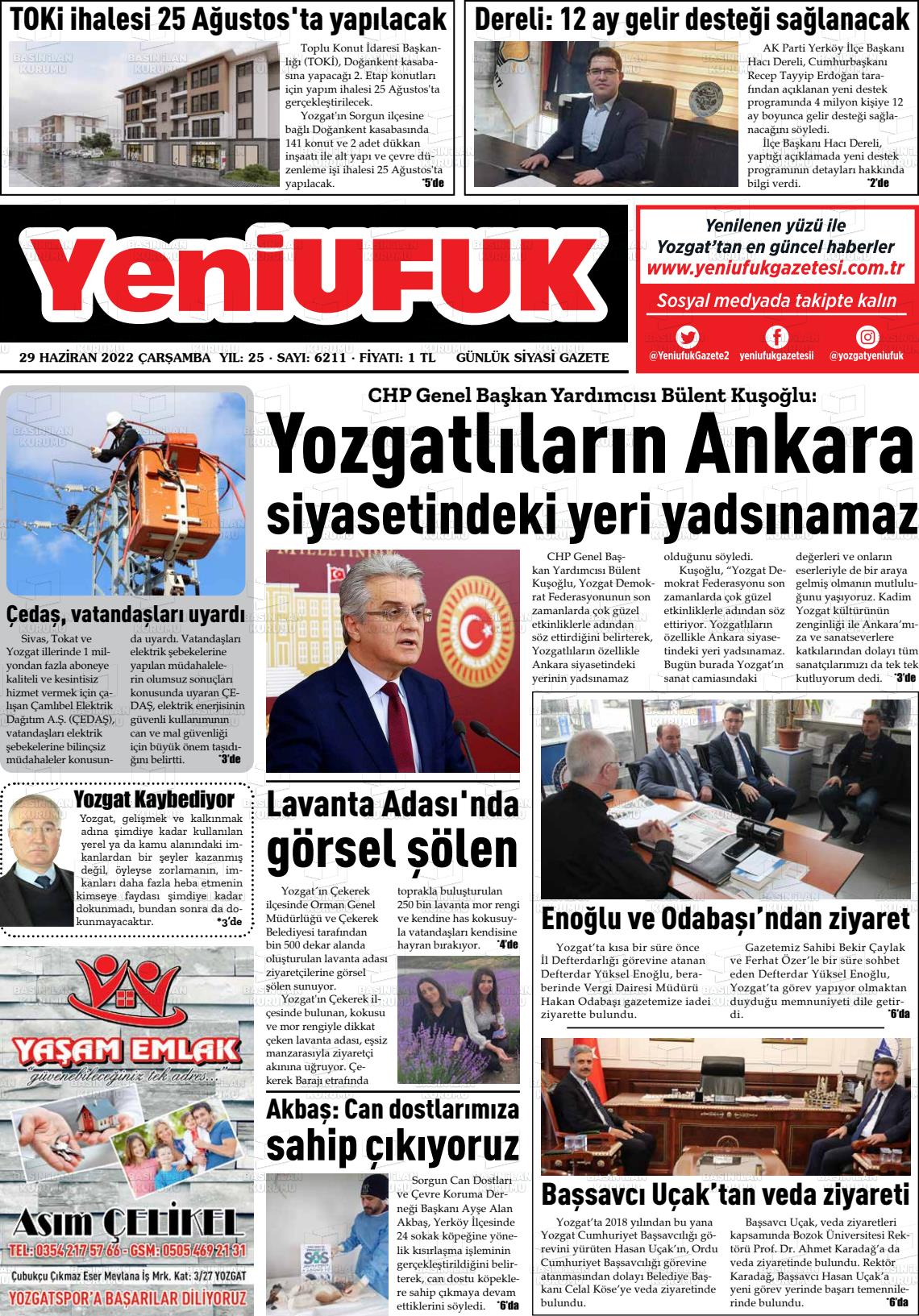 29 Haziran 2022 Yozgat Yeni Ufuk Gazete Manşeti