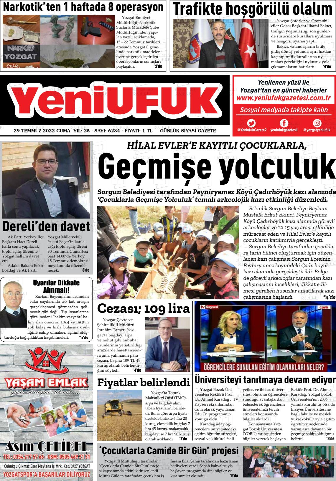 29 Temmuz 2022 Yozgat Yeni Ufuk Gazete Manşeti