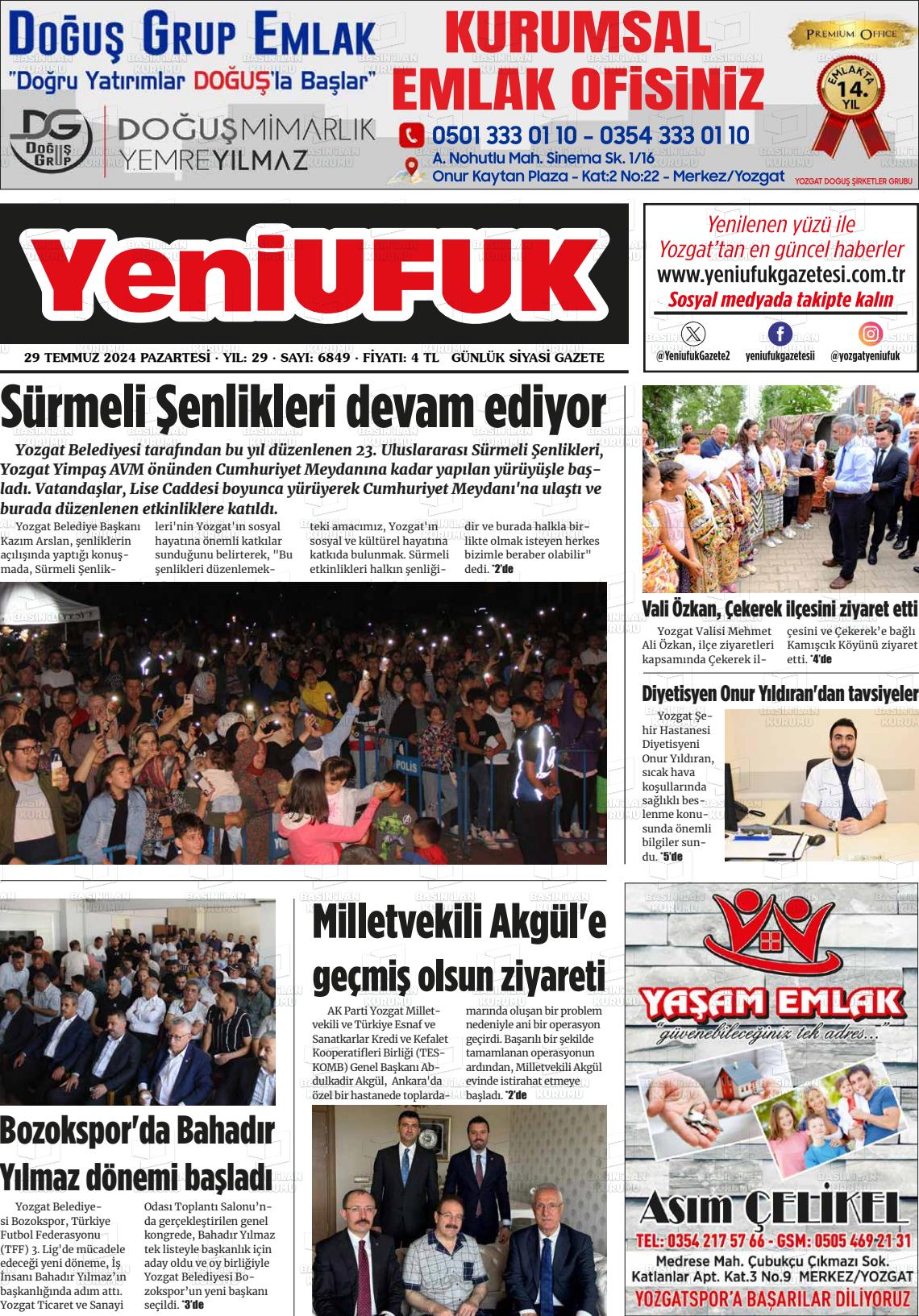 29 Temmuz 2024 Yozgat Yeni Ufuk Gazete Manşeti