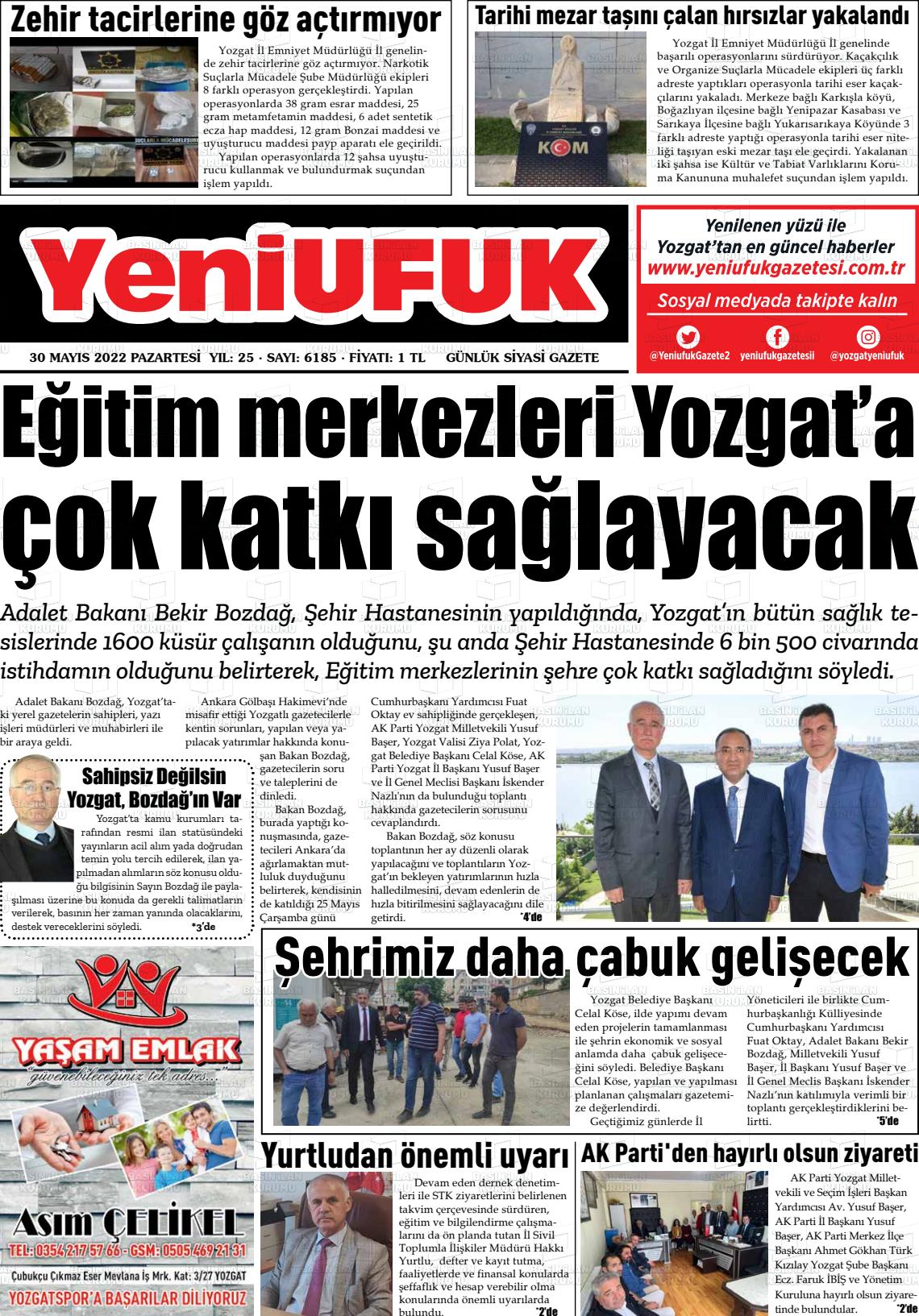 30 Mayıs 2022 Yozgat Yeni Ufuk Gazete Manşeti