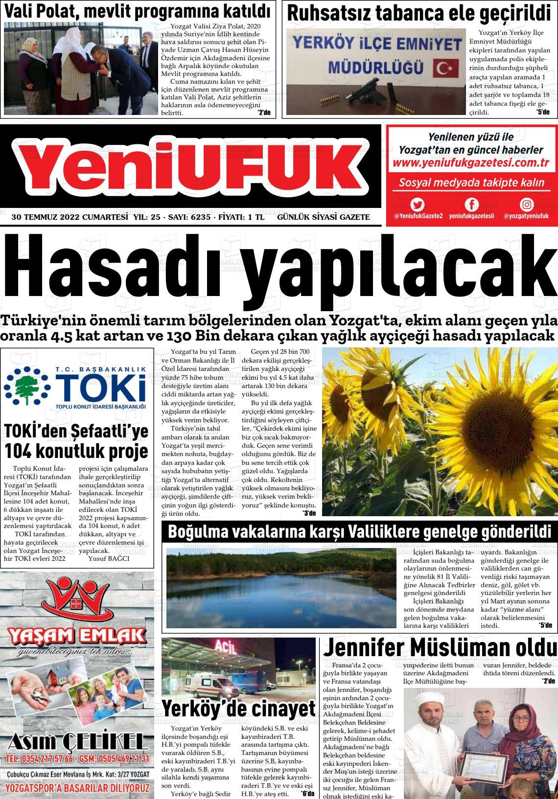 30 Temmuz 2022 Yozgat Yeni Ufuk Gazete Manşeti