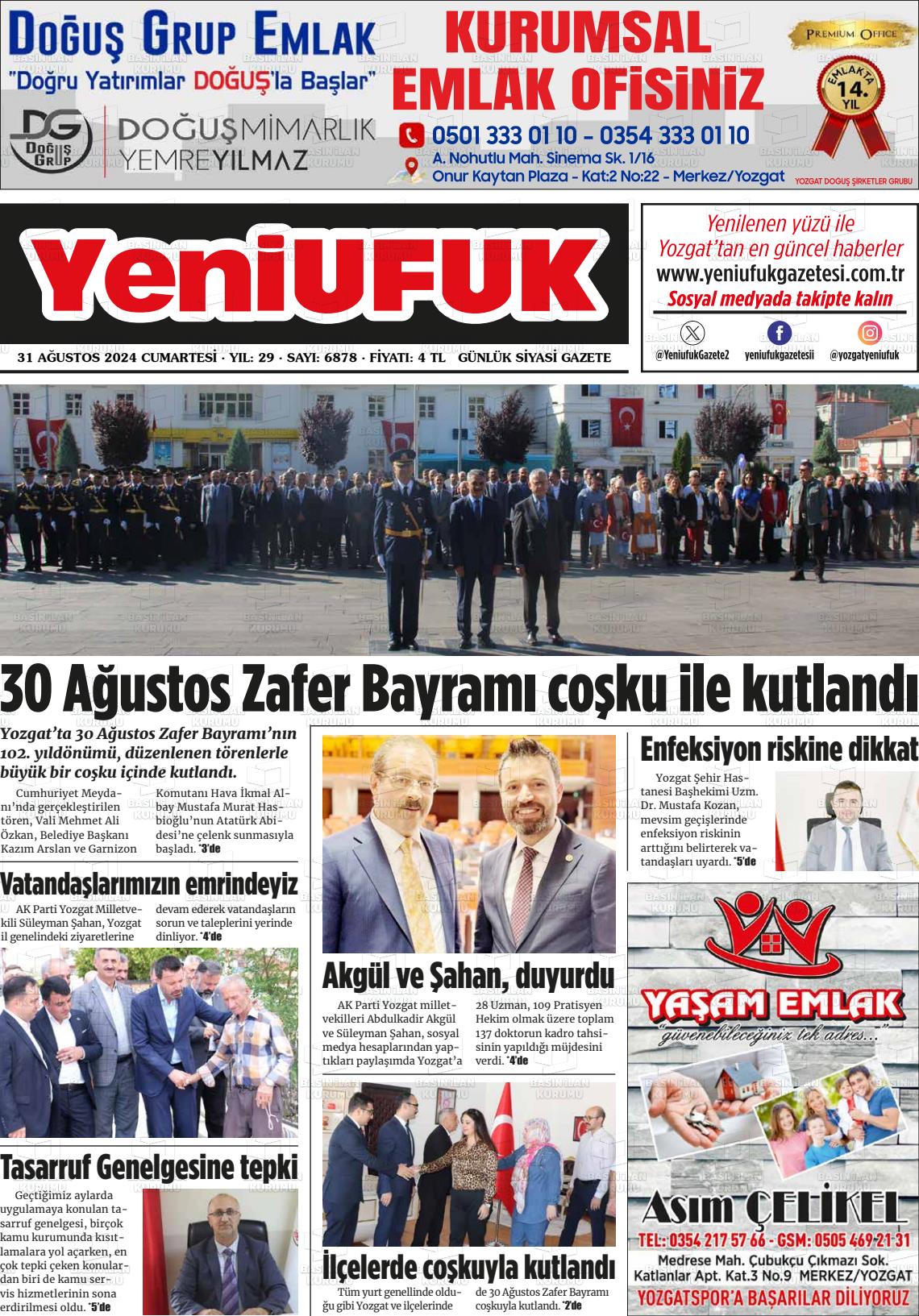 31 Ağustos 2024 Yozgat Yeni Ufuk Gazete Manşeti