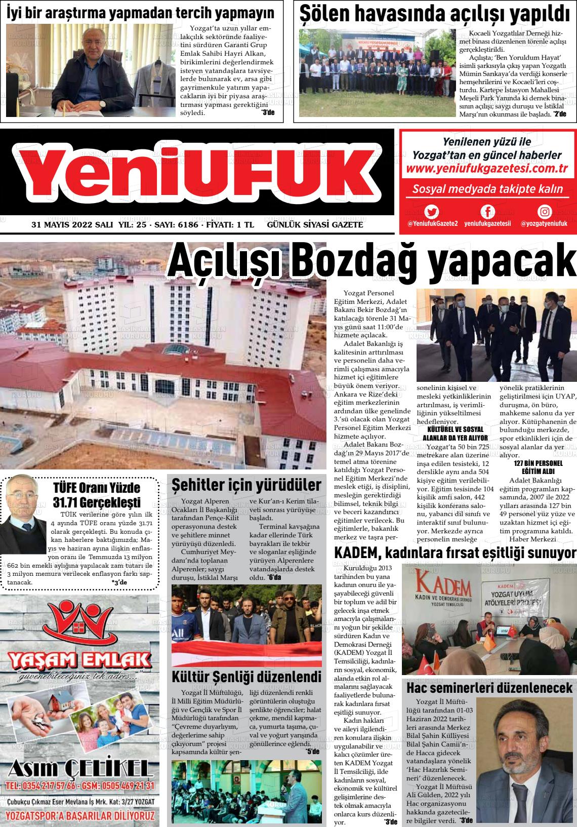 31 Mayıs 2022 Yozgat Yeni Ufuk Gazete Manşeti