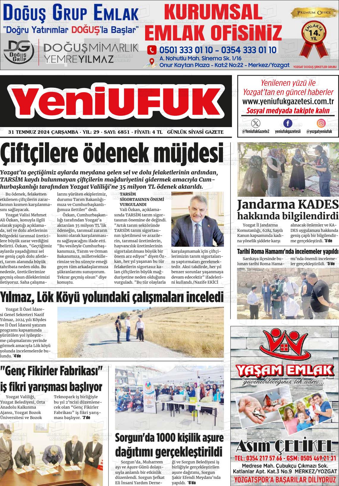 31 Temmuz 2024 Yozgat Yeni Ufuk Gazete Manşeti