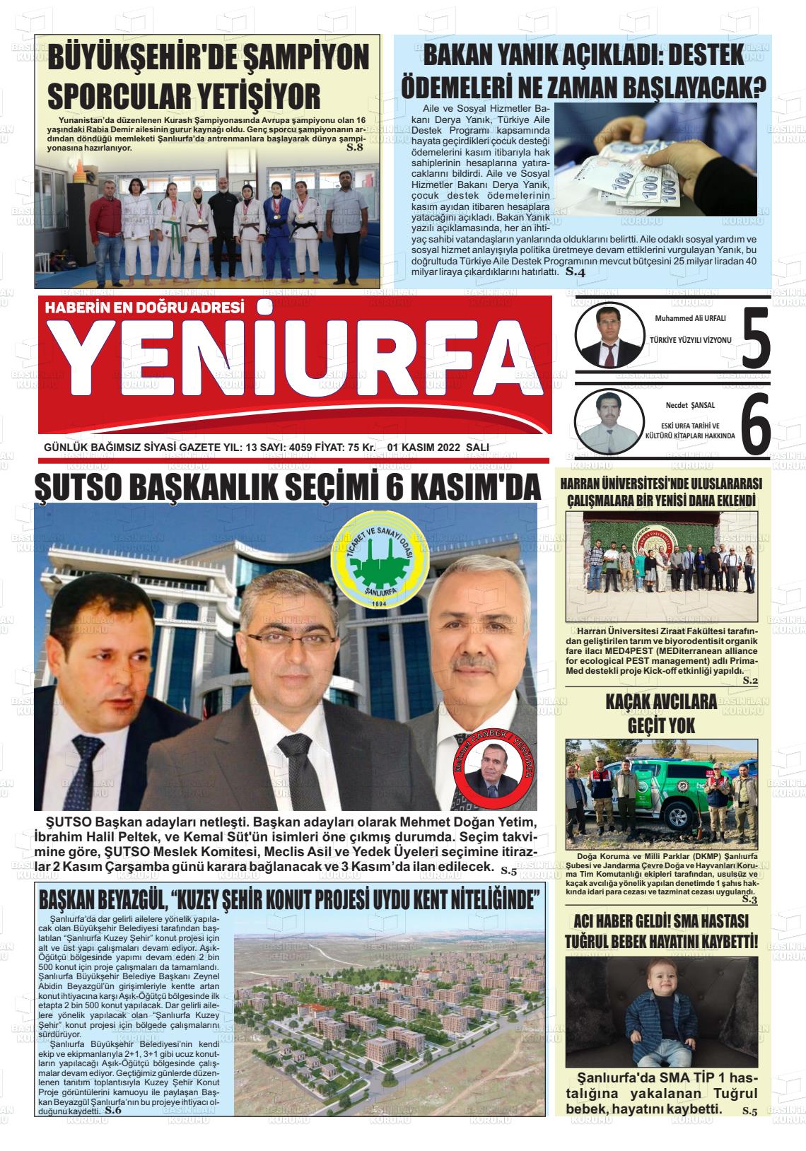 01 Kasım 2022 Yeni Urfa Gazete Manşeti