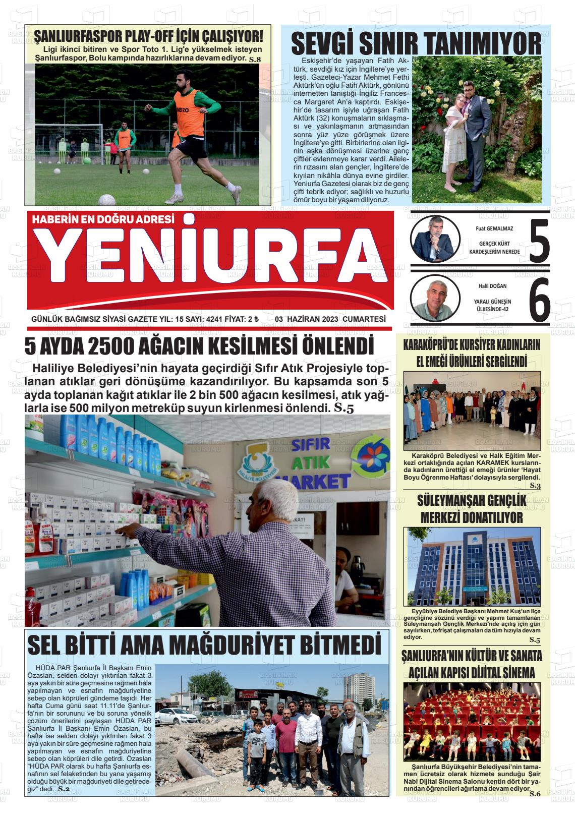 03 Haziran 2023 Yeni Urfa Gazete Manşeti